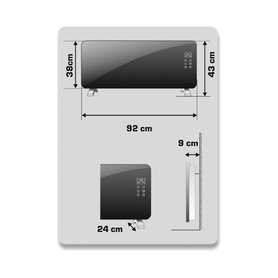 Convector Electric De Perete Si Portabil, 2000 W, Termostat Electric , Protectie Supraincalzire , Protectie Copii  , Panou Frontal Din Sticla Securizata , Culoare Negru