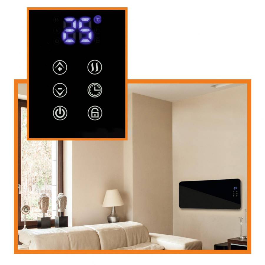 Convector Electric De Perete Si Portabil, 2000 W, Termostat Electric , Protectie Supraincalzire , Protectie Copii  , Panou Frontal Din Sticla Securizata , Culoare Negru