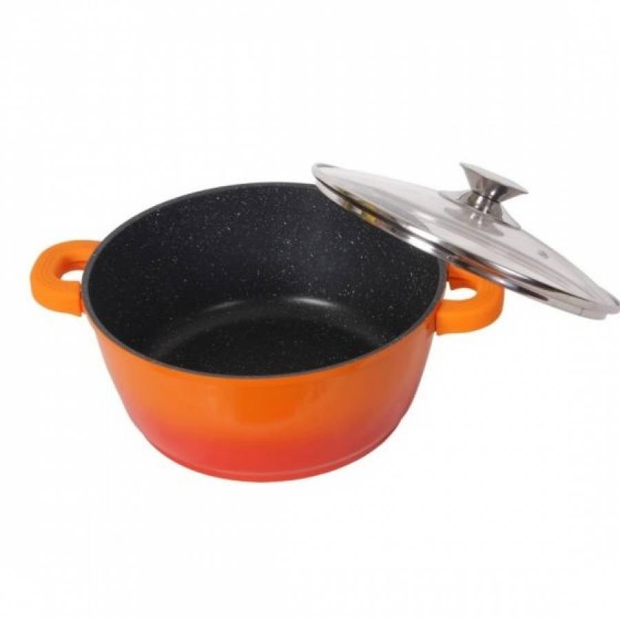 Cratita Cu Capac Din Sticla Termorezistenta, Capacitate 2.2 L, Dimensiuni 20x9.0 Cm, Material Exterior Aluminiu, Interior Marmura, Portocaliu