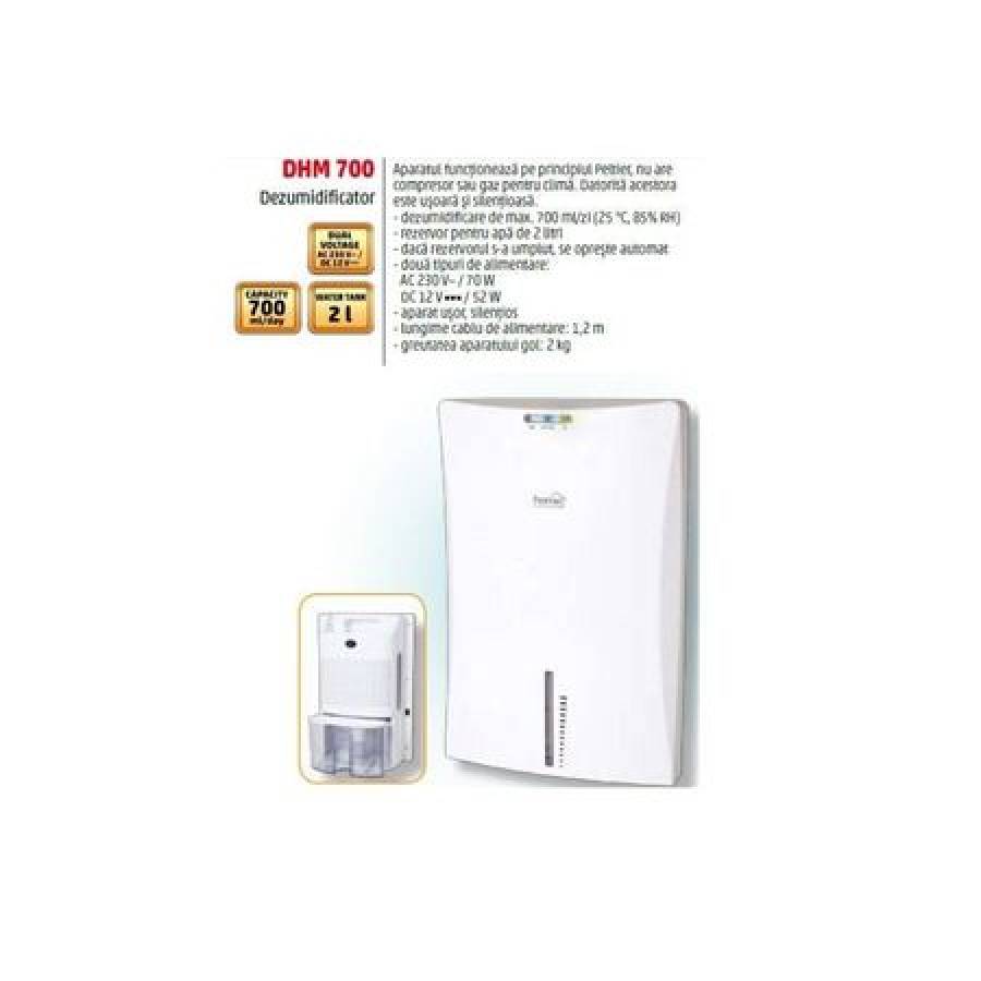 Dezumidificator De Aer Home , Capacitate Rezervor 2 Litri, Dezumidificare 700 Ml/zi , Functie De Oprire Automata , Doua Tipuri De Alimentare