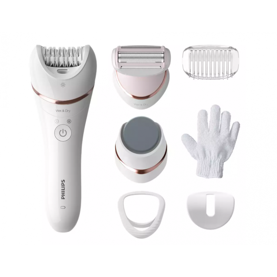 Epilator Philips  Compact Profesional, Opti-light, 7 Accesorii, Discuri Ceramice, Utilizare Umeda Si Uscata, 2 Setari Viteza, 32 Pensete, Autonomie 40 Min, Culoare Alb