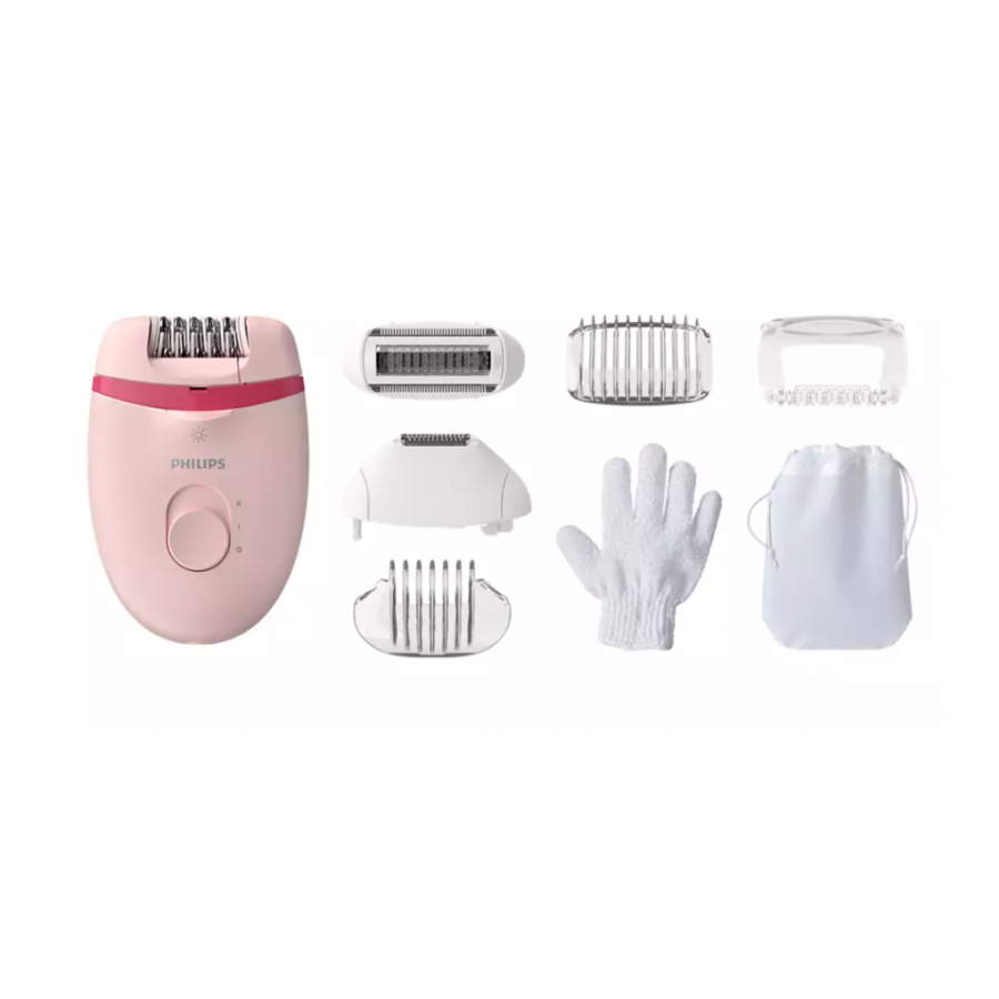 Epilator Profesional Philips Compact Cu Fir Si Functie Opti-light, 7 Accesorii Incluse, Lumina Integrata, 2 Setari De Viteza, Maner Ergonomic, Cap Lavabil, Tensiune 15 V, Roz