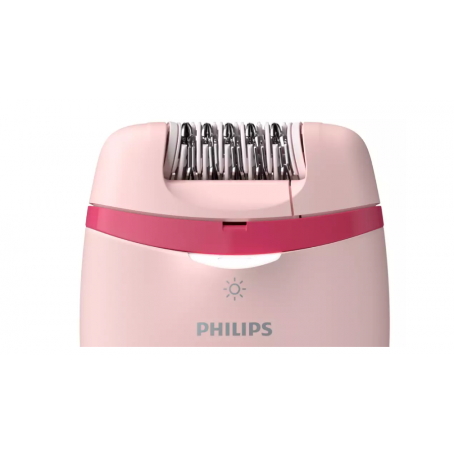 Epilator Profesional Philips Compact Cu Fir Si Functie Opti-light, 7 Accesorii Incluse, Lumina Integrata, 2 Setari De Viteza, Maner Ergonomic, Cap Lavabil, Tensiune 15 V, Roz