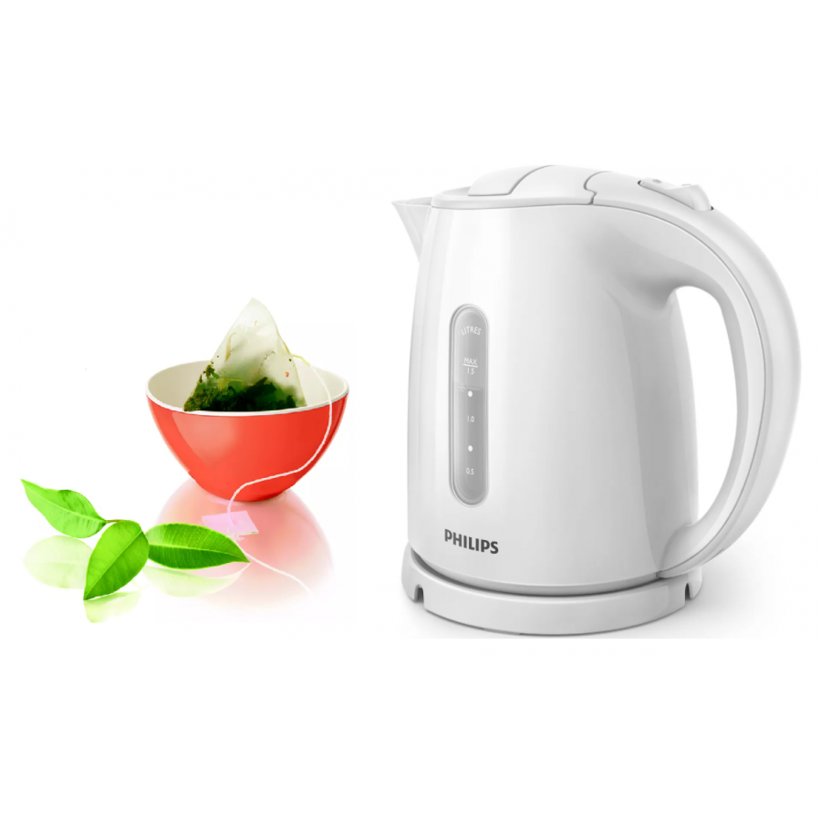 Fierbator Philips Daily Collection, Capacitate De 1.5 L, Putere 1400 W, Indicator Nivel Apa, Capac Cu Balamale, Sistem Anti-alunecare, Maner Ergonomic, Oprire Automata, Culoare Alb