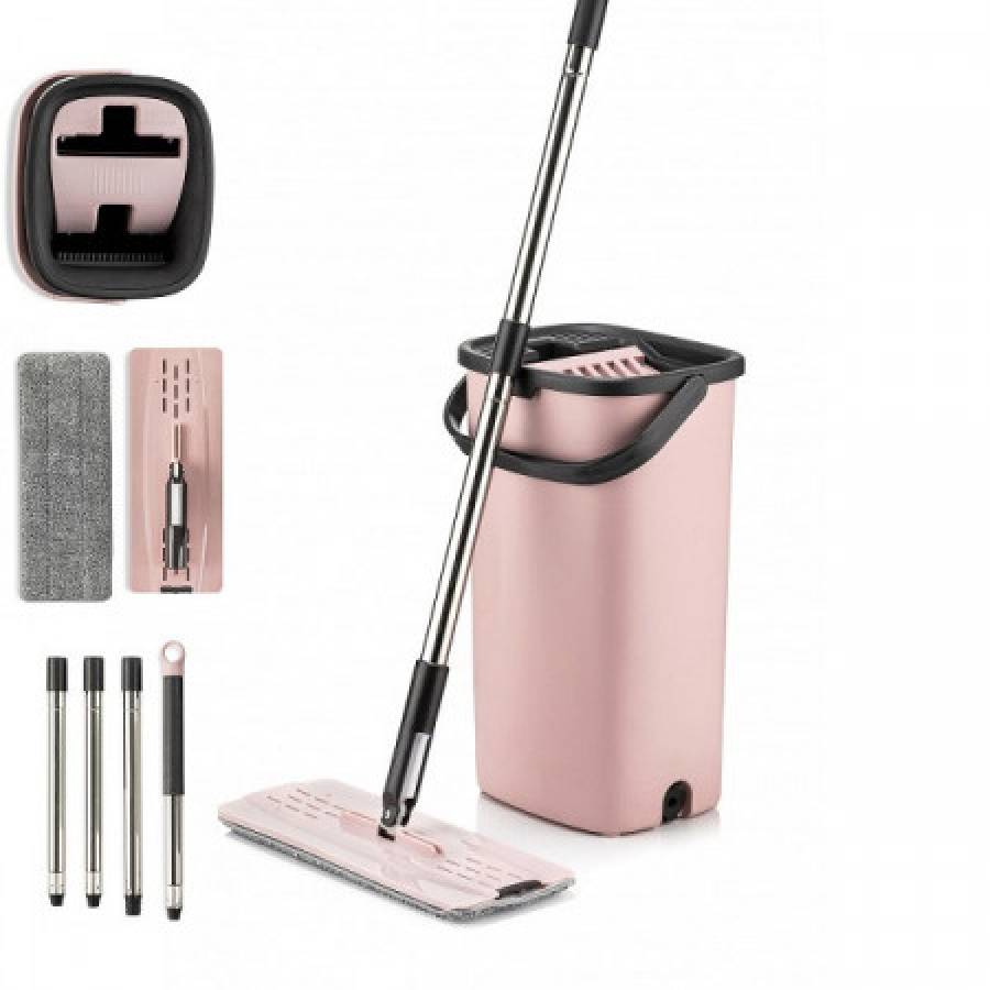 Galeata Cu Mop Plat Cu Capacitate De 9 L, Maner Lung  100-130 Cm, Material Pp / Otel Inoxidabil Si Microfibra, Culoare Roz