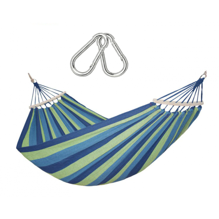 Hamac Klausstech Cu Lungime De 1 M, Bara De Lemn, Densitate Material 320g/mp, Suporta Greutate Max 120 Kg, Design Cu Model, Albastru/verde