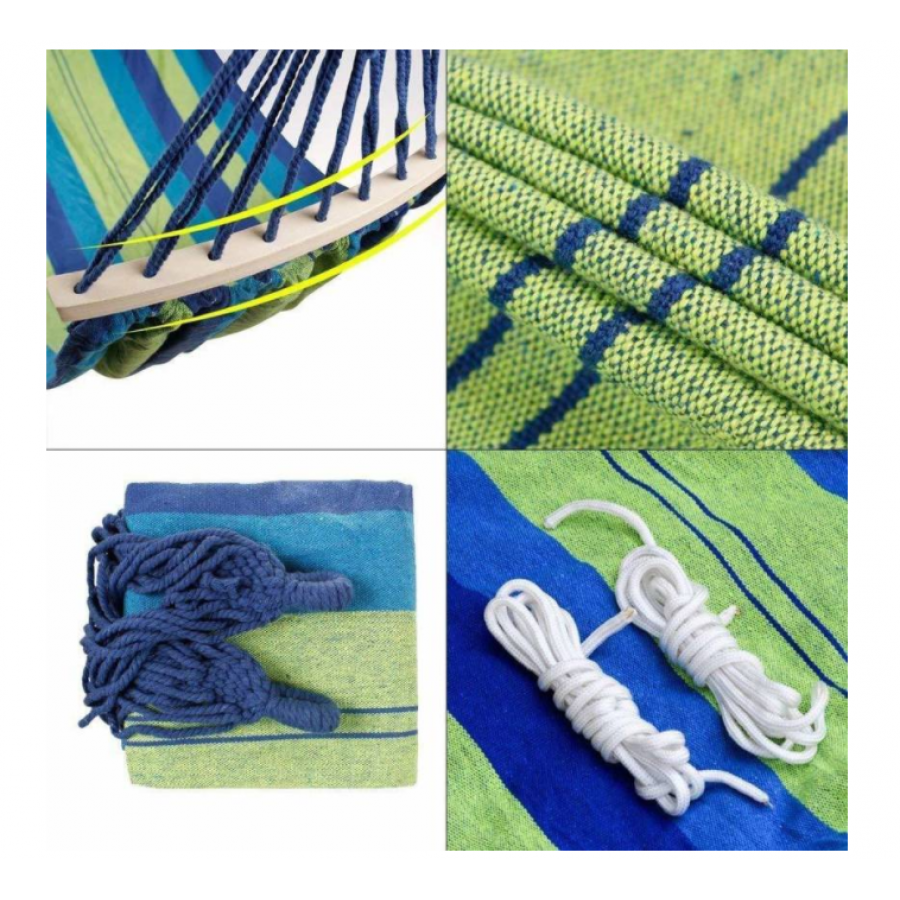 Hamac Klausstech Cu Lungime De 1 M, Bara De Lemn, Densitate Material 320g/mp, Suporta Greutate Max 120 Kg, Design Cu Model, Albastru/verde