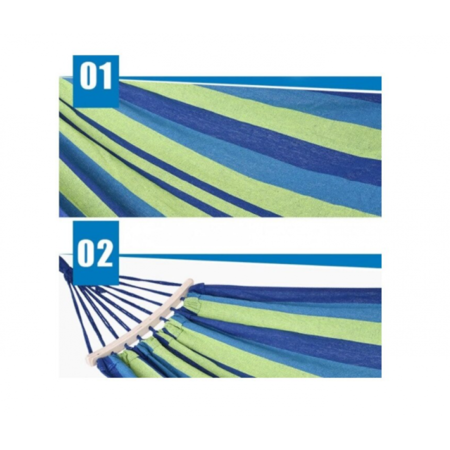 Hamac Klausstech Cu Lungime De 1 M, Bara De Lemn, Densitate Material 320g/mp, Suporta Greutate Max 120 Kg, Design Cu Model, Albastru/verde