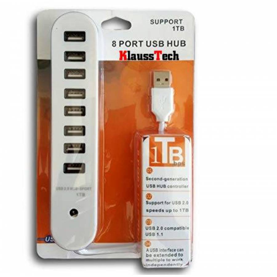 Hub Usb Klausstech, 8 Porturi Usb 2.0, Cablu Lung Si Flexibil, Design Ergonomic, Alb