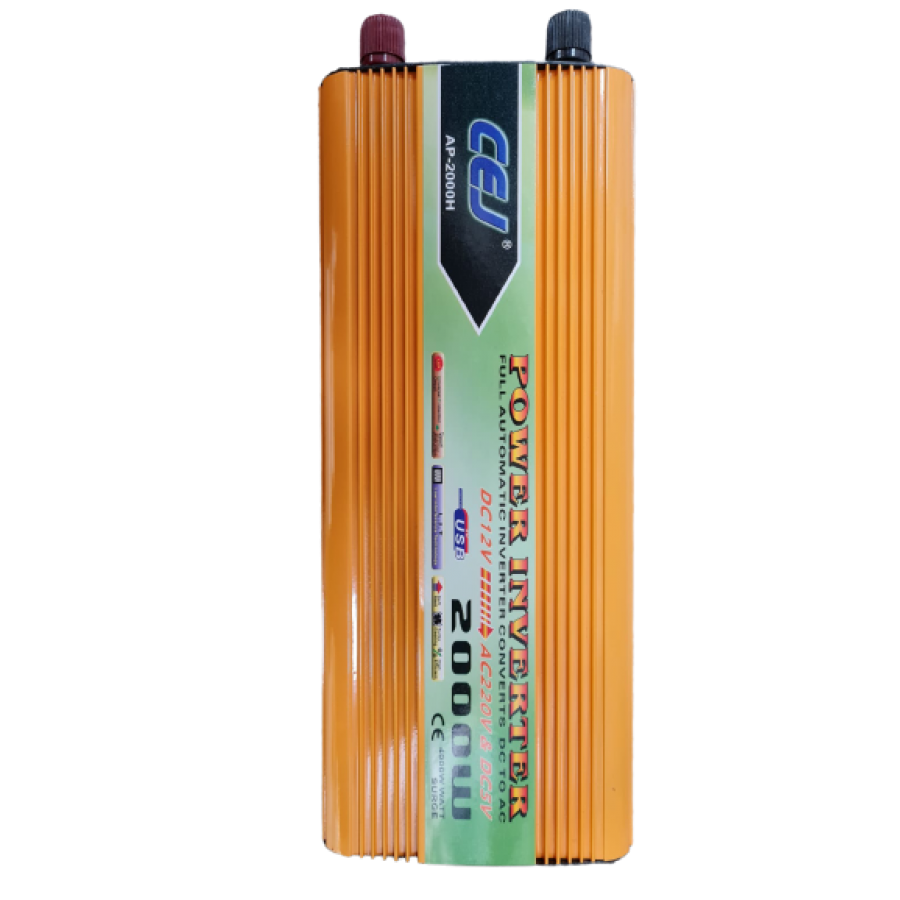 Invertor Profesional, Curent Continuu , Slot Usb, Tensiune Alimentare 12 V - 220 V, Putere De 2000 W, Protectie Suprasarcina Si Supravoltaj, Culoare Portocaliu