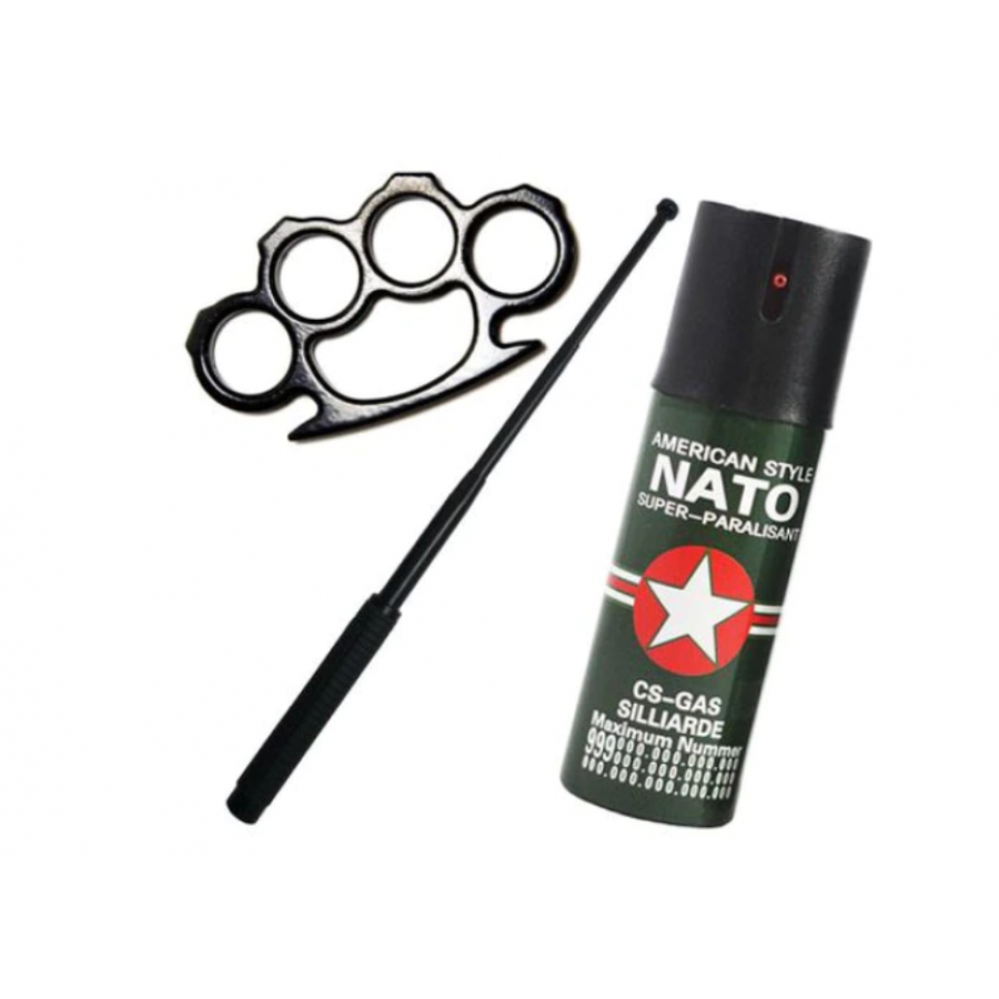 Kit Autoaparare Klausstech, Spray Nato 60ml, Baston Telescopic 50cm, Pumnal Box Metalic, Negru