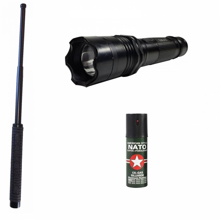 Kit Btg-150 Autoaparare (2in1 Electrosoc+lanterna ) Baston Telescopic Police 50 Cm + Spray Nato Paralizant