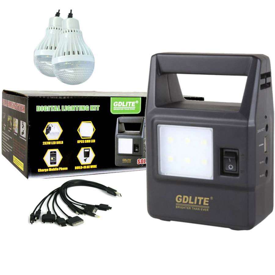 Kit Complet Pentru Camping Lampa + Panou Solar ,2 Becuri Economice Led Putere 3w , Negru