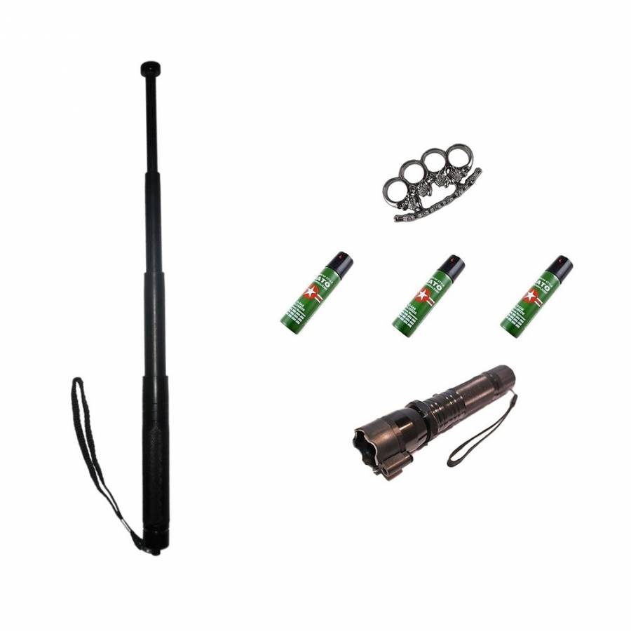 Kit De Autoaparare Klausstech, Lanterna Cu Electrosoc Si Laser Klausstech, Baston Telescopic Klausstech Din Otel, Box Metalic + Spray Iritant Lacrimogen,
