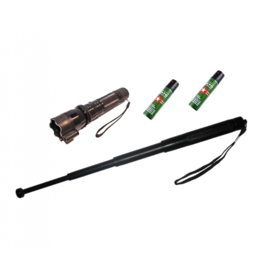Kit De Autoaparare , Lanterna Cu Electrosoc Si Laser Pointer Klausstech Din Duraluminiu, Baston Telescopic Din Otel Si Spray Paralizant