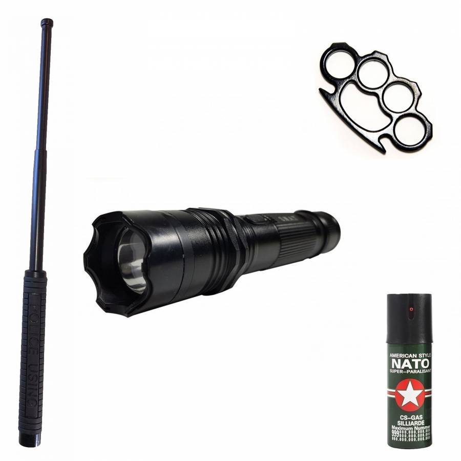 Kit Autoaparare (2in1 Electrosoc+lanterna ) Baston Telescopic Klausstech 50 Cm + Spray Nato Paralizant + Box Metalic Negru