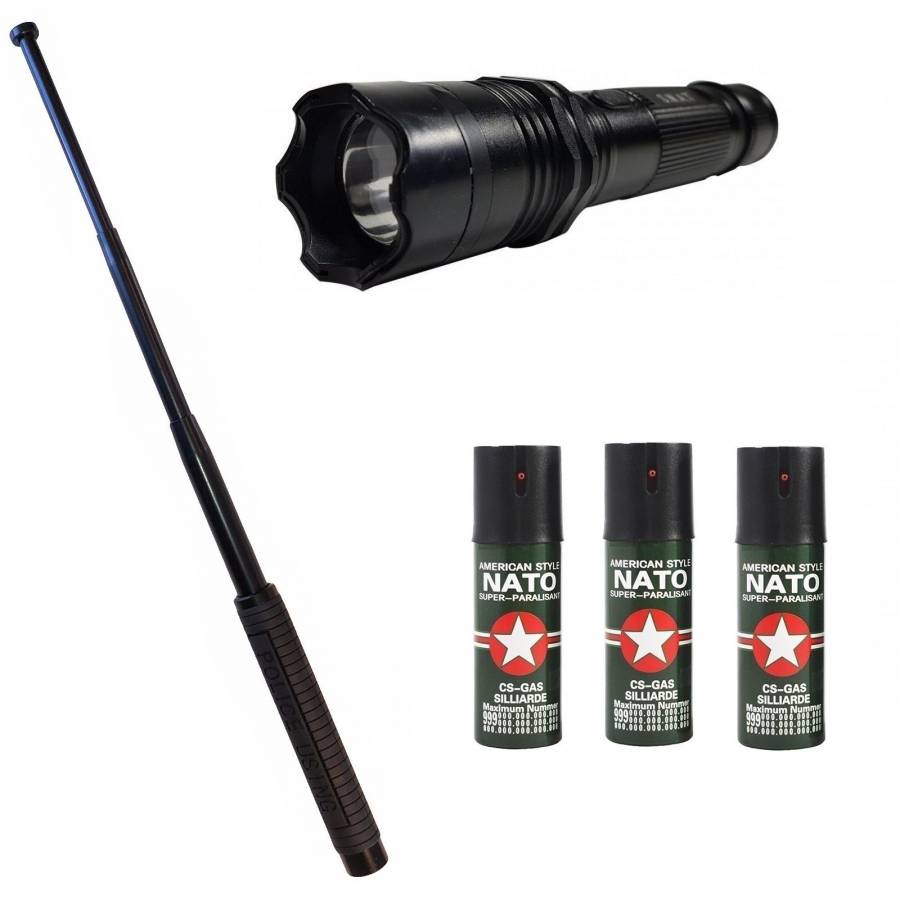 Kit Autoaparare (2in1 Electrosoc+lanterna ) Baston Telescopic Klausstech 63 Cm +3 Spray Nato Paralizant