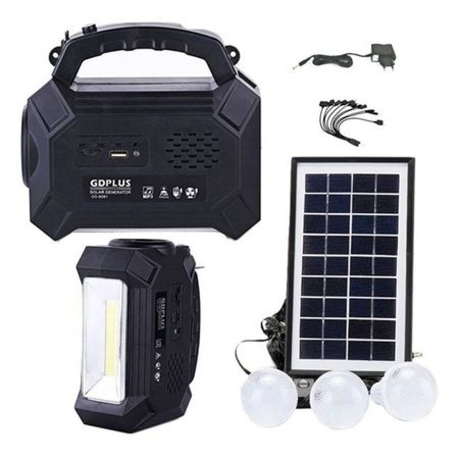 Kit Klausstech Cu Panou Solar Cu 3 Becuri, Port Usb, Radio Fm , Mp3, Lampa Cu Led-uri , Bec Leduri Disco 1 X 3 Led , Iesire Usb Pentru Incarcat Telefoane , Negru