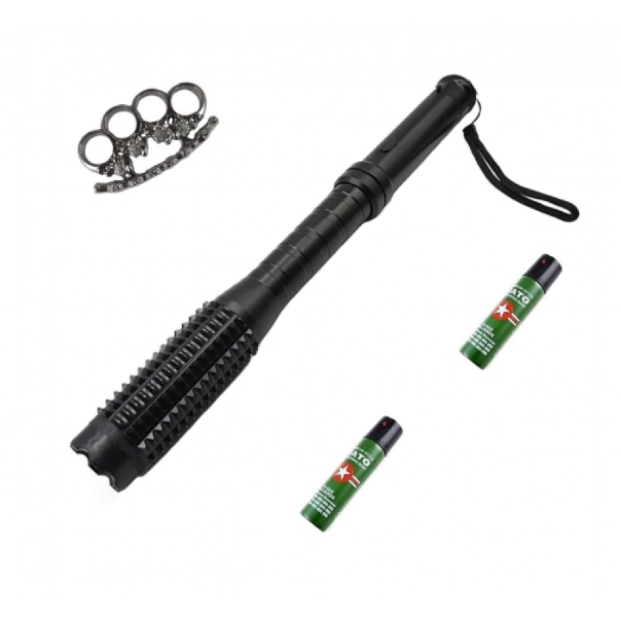 Kit Profesional  Klausstech Pentru Autoaparare Cu Baston Rezistent 3 In 1 Din Duraluminiu Cu Lanterna Si Electrosoc, Box Metalic Tip Rozeta Si Spray Paralizant Inclus, Negru