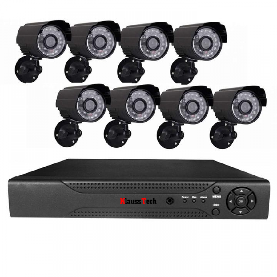 Kit Supraveghere Video Klausstech, 8 Camere Varifocale 2.8 - 12 Mm, Infrarosu, Dvr Cu 4 Canale, Full Hd, Carcase Metalice, Vizualizare Pe Telefon, Negru