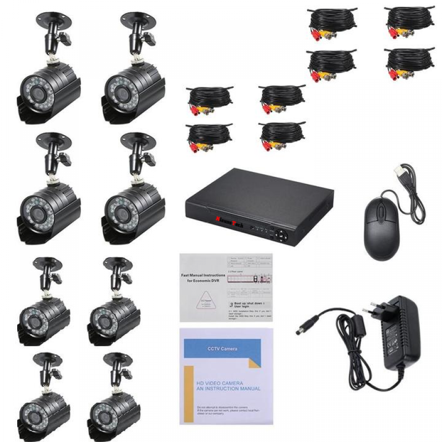 Kit Supraveghere Video Klausstech, 8 Camere Varifocale 2.8 - 12 Mm, Infrarosu, Dvr Cu 4 Canale, Full Hd, Carcase Metalice, Vizualizare Pe Telefon, Negru