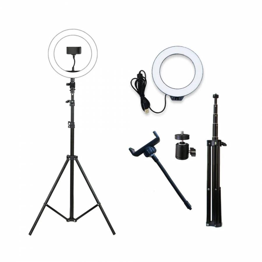 Lampa Circulara Klausstech, 15w, 10, Suport Pentru Telefon, Trepied, Telecomanda Si Usb, 120 Led-uri, Video, Photo, Make-up, Neagra