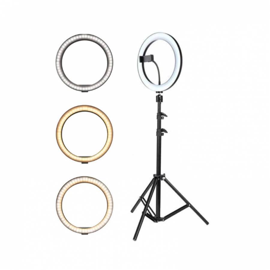 Lampa Circulara Klausstech Diametru 30cm / 12inch, Lumina Naturala / Rece / Calda, Conectare Usb, Reglaj Intensitate, Suport Telefon, Trepied 210 Cm Inclus, Alb