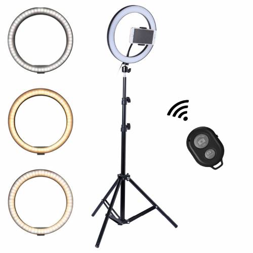 Lampa Circulara Ring Light Led Make-up 35cm/14inch , 3 Moduri De Lumina , 10 Trepte Reglaj , Suport Telefon , Telecomanda Selfie , Trepied 210cm Inclus