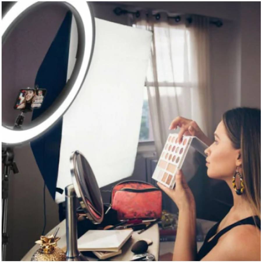 Lampa Klausstech Profesionala Led Circulara Pentru Make Up, Temperatura De Culoare 5000k , Diametru 10 Inch, Putere 24w, Telecomanda, 120 Leduri , Stativ De 180 Cm Inclus, Alb