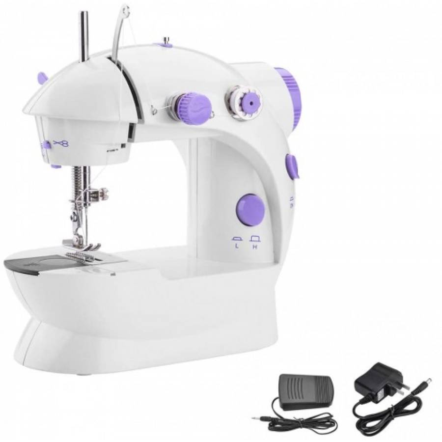 Masina De Cusut Portabila Klausstech, 2 Viteze De Coasere, Pedala Pentru Controlarea Vitezei, Lumina Led, Alimentare Baterii Sau La Retea, Dimensiuni Reduse, Design Compact, Alb&mov