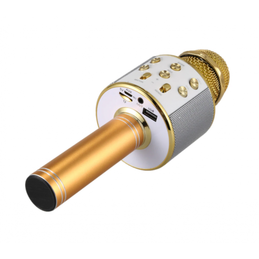 Microfon  Klausstech De Karaoke, Boxa Incorporata, Fara Fir, Bluetooth, Usb, Sd Card, Aux, Butoane Cu Functiile Next / Previous / Volum Boxa / Volum Microfon / Rec / Reverb, Auriu