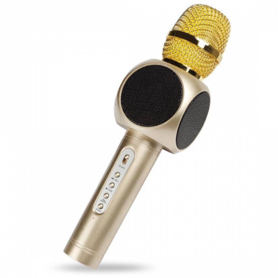 Microfon Klausstech Cu Tehnologie Bluetooth Pentru Karaoke, Utilizare Wireless, Butoane De Reglare Echo/volum/asociere/reverberare,difuzor Dublu, Gold