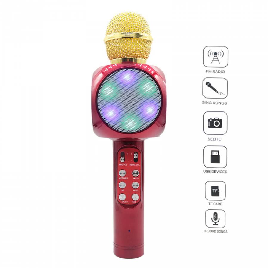 Microfon Klausstech Wireless Karaoke Bluetooth 4.1, Lumini Disco Led, Inregistrare, Radio, Baterie 1800 Mah, Tf/usb/fm, Rosu