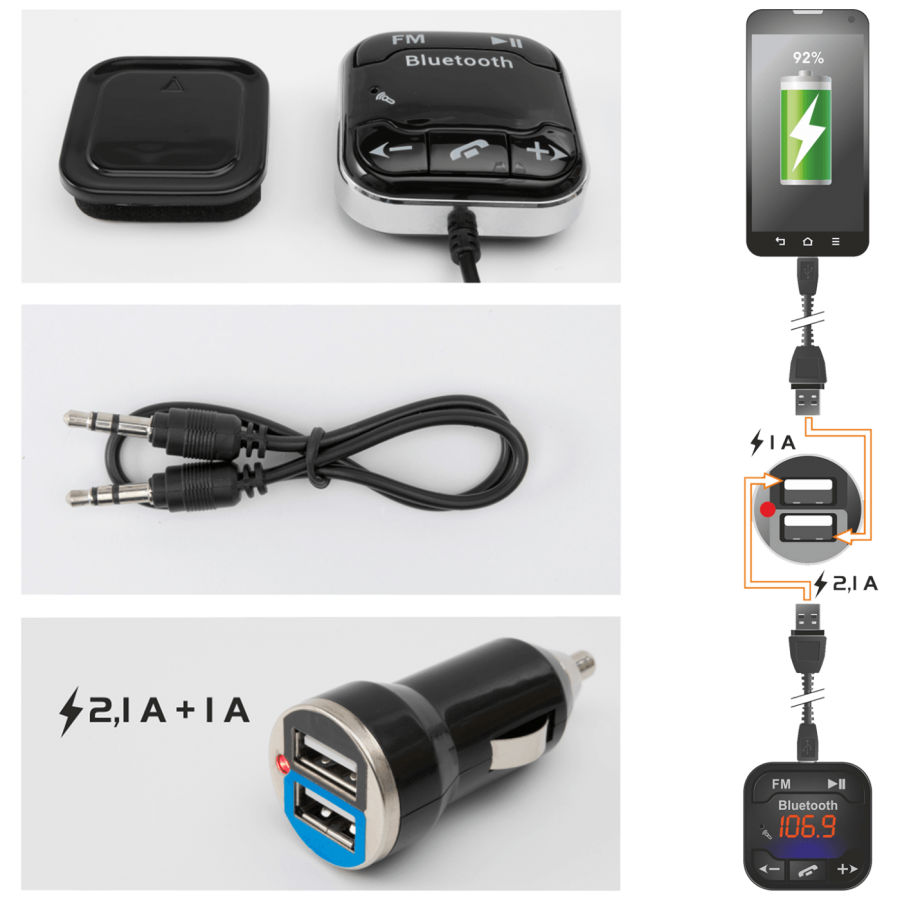 Modulator Pentru Masina Klausstech, Auto , Radio Fm , Functie Redare Prin Bluetooth , Intrare Dublu Usb , Redare Mp3 Prin Microsd , Afisare Numar Apelant , Preluare/respingere Apel , Hands-free , Modern , Culoare Negru