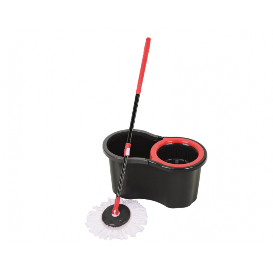 Mop KlaussTech Rotativ Cu Galeata, Curatare Usoara, Capacitate 15 L, Mop Detasabil, Maner Cu Protectie, Tub Ajustabil Din Aluminiu, Negru/rosu