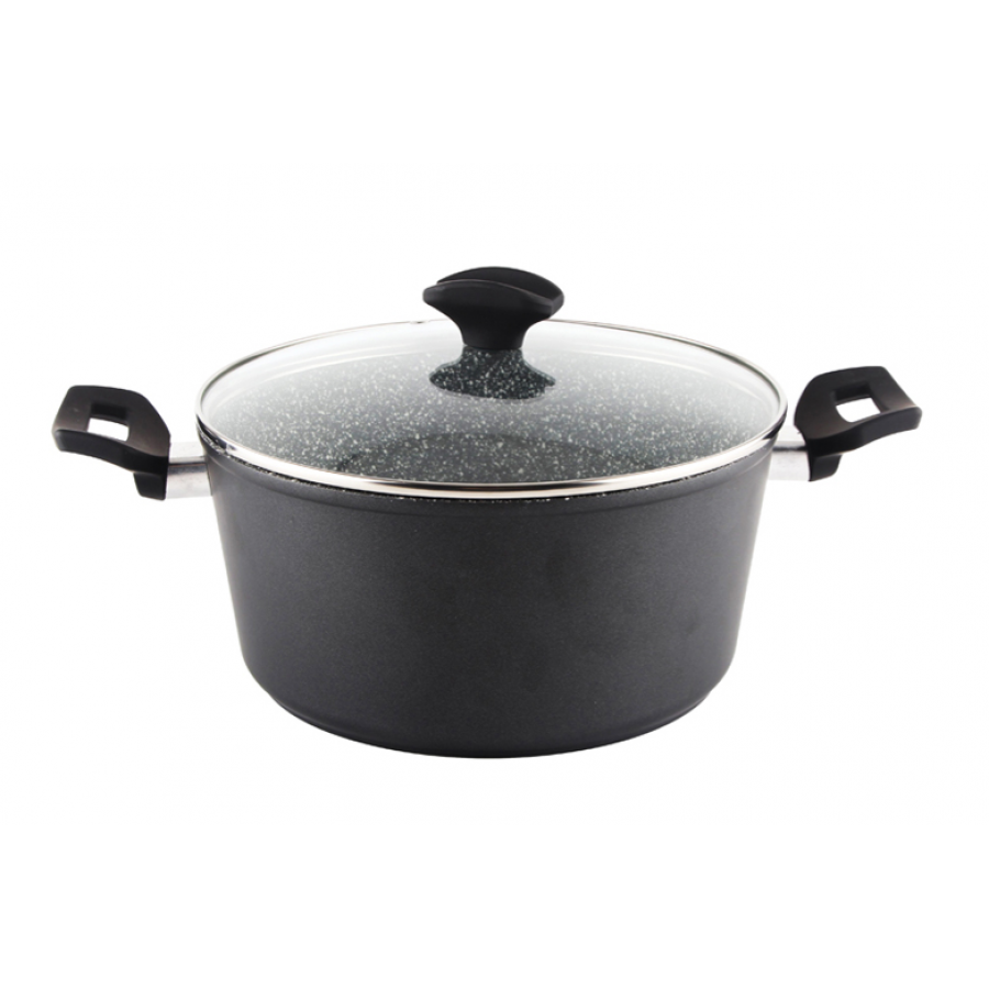 Oala Cu Capac, Oala Din Aluminiu, Capac Din Sticla Termorezistenta, Interior Din Granit, Capacitate De 4l, Diametru De 24cm, Negru