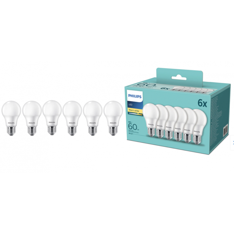 Pachet Cu 6 Becuri Philips Led, Putere 8 W – 60 W, Alb Cald, Soclu E27, 2700  K,  806  Lm, Tensiune 220-240  V, Frecventa 50-60  Hz, Alb