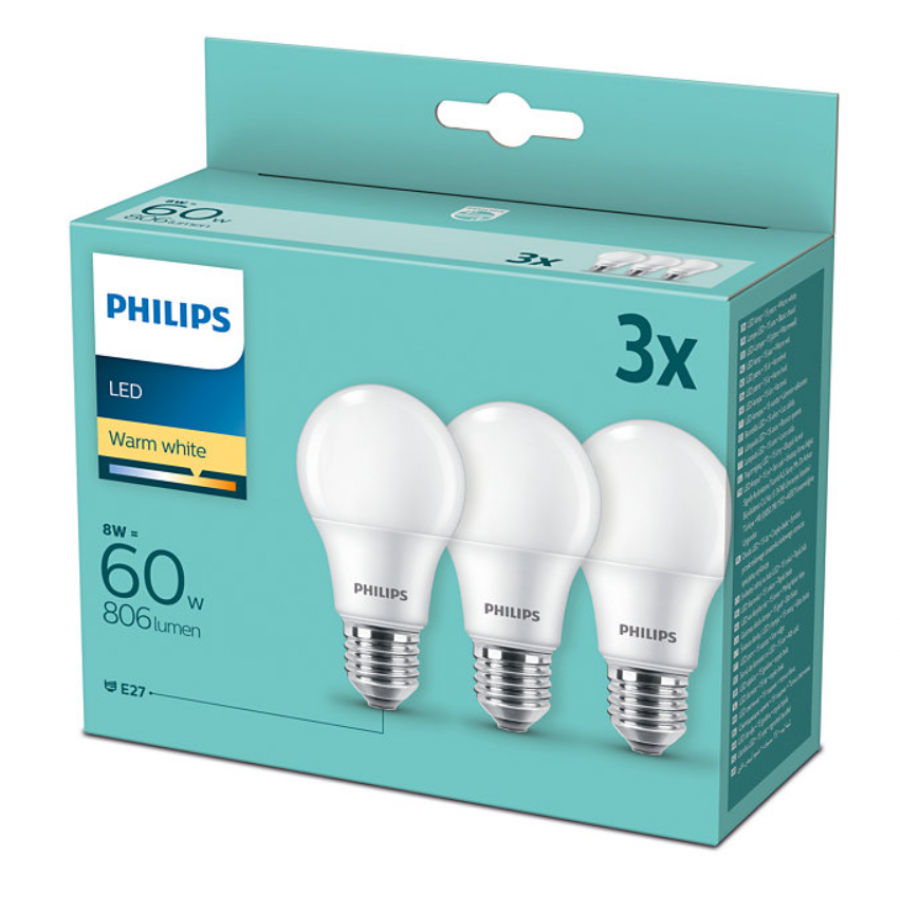 Pachet De 3 Becuri Led Philips Putere 8 W – 60 W, Soclu E27, Iluminare Alb Cald,  2700  K,  806  Lm, Unghi 180 °,  15000 Ore, 220 - 240 V, Alb