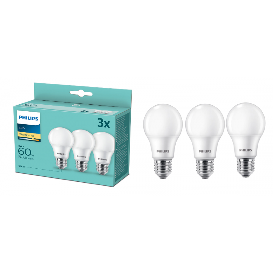 Pachet De 3 Becuri Led Philips Putere 8 W – 60 W, Soclu E27, Iluminare Alb Cald,  2700  K,  806  Lm, Unghi 180 °,  15000 Ore, 220 - 240 V, Alb