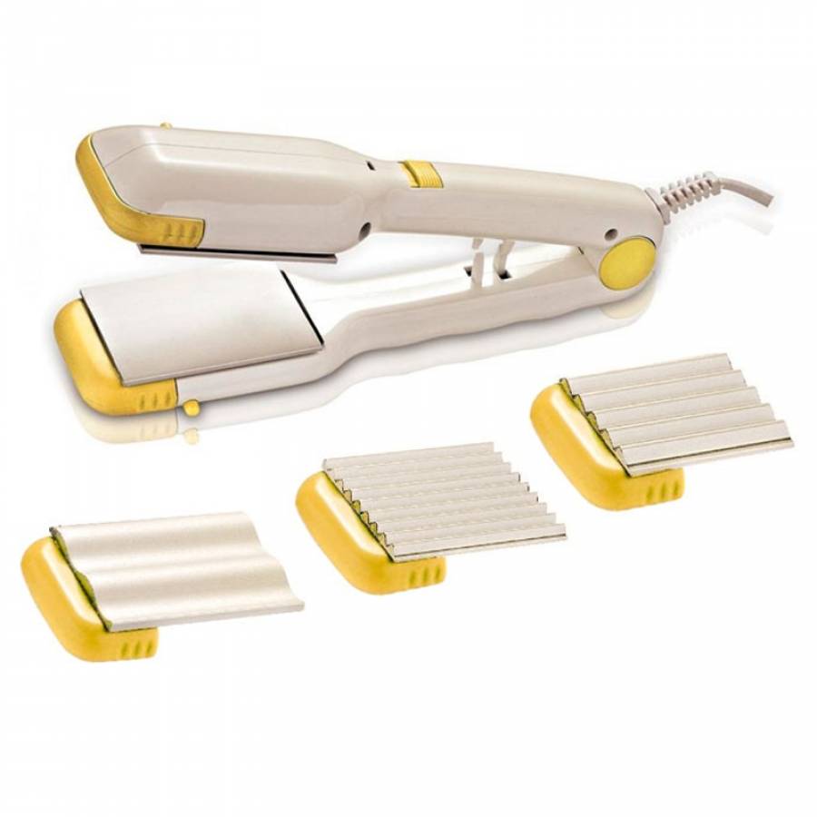 Placa 4 In 1 De Indreptat Si Creponat Parul, Putere 20 W, Alimentare 220 240 V, Led De Functionare, Buton On/off, Temperatura Maxima 160 Grade, Culoare Alb/galben