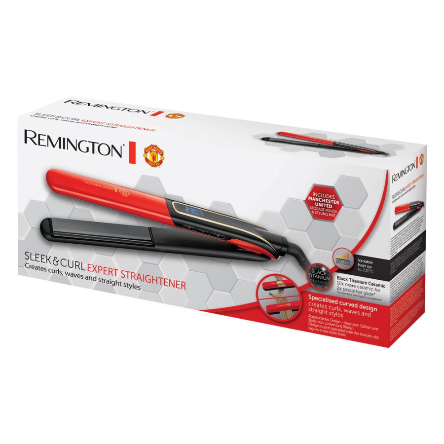 Placa De Indreptat Parul Remingtoncurl Expert Manchester United , Design Curbat Special , Ecran Digital , Temperaturi 150 °c - 230 °c , Functie Blocare ,  Negru/rosu