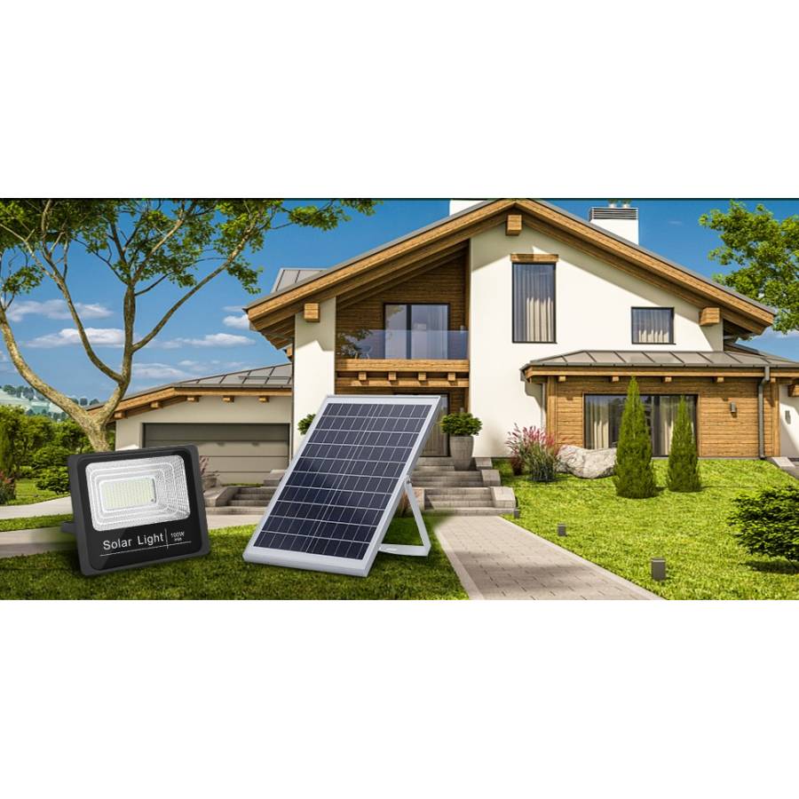 Proiector Solar De Exterior Klausstech, 100 W, Telecomanda Inclusa, Lumina Led, Temperatura Culoare 6500 K, Protectie Ip 66, Durata Lunga De Viata, 3 Moduri De Instalare, Design Modern, Negru
