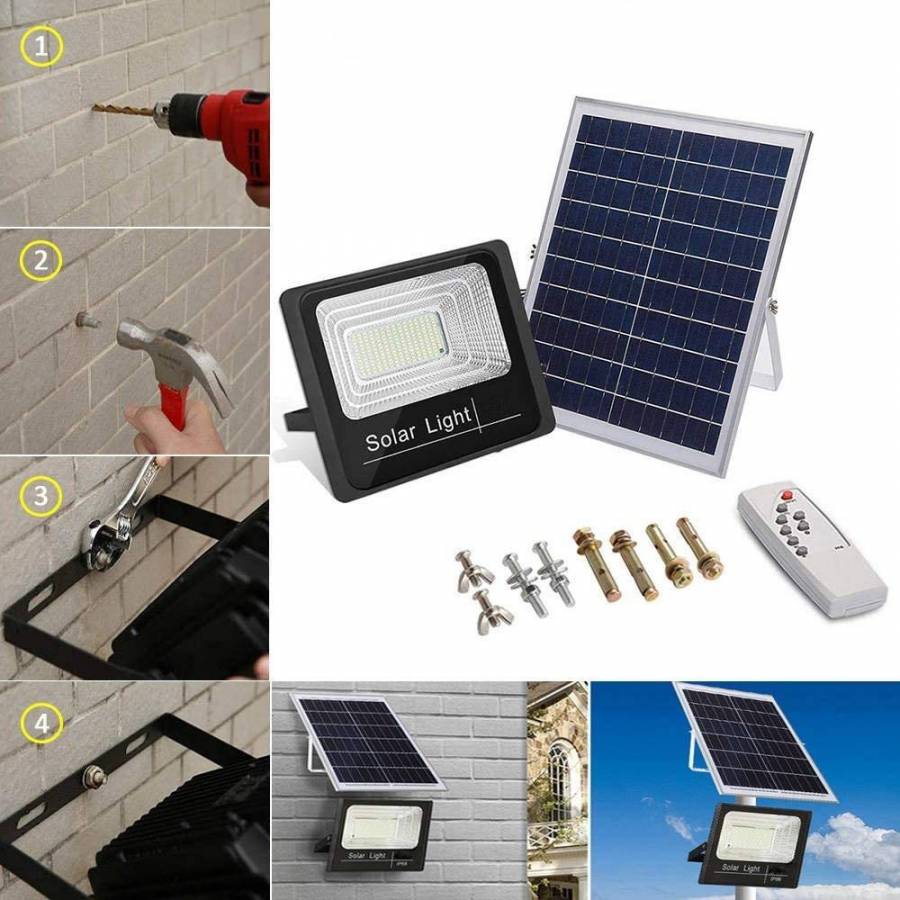 Proiector Solar De Exterior Klausstech, 25 W, Telecomanda Inclusa, Lumina Led, Temperatura Culoare 6500 K, Protectie Ip 66, Autonomie 50000h, 3 Moduri De Instalare, Design Modern, Negru