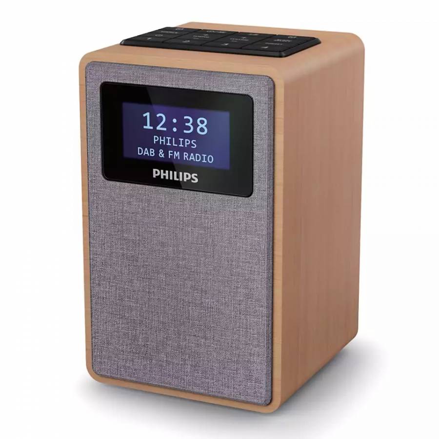 Radio Philips Cu Ceas Cu Tuner Dab+ / Dab / Fm, Afisaj Lcd, 20 Presetari, Control Volum, 1 W, Reglare Automata Digitala, Alarma Buzzer, Maro/gri
