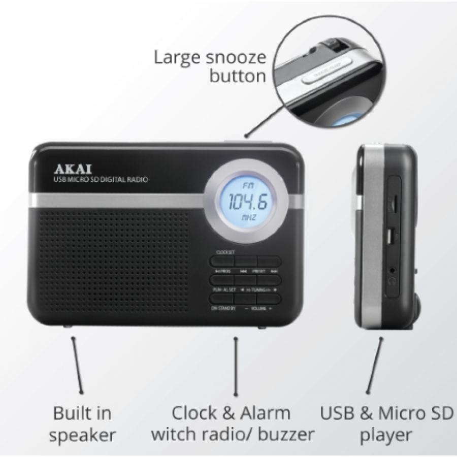 Radio Portabil, Usb, Radio Fm, Fm 87.5 – 108 Mhz, Sd Card, Display Lcd, Putere 0.8w, Ceas, Sleep, Snooze, Alarma, Antena Telescopica, Aux 3.5mm, Negru