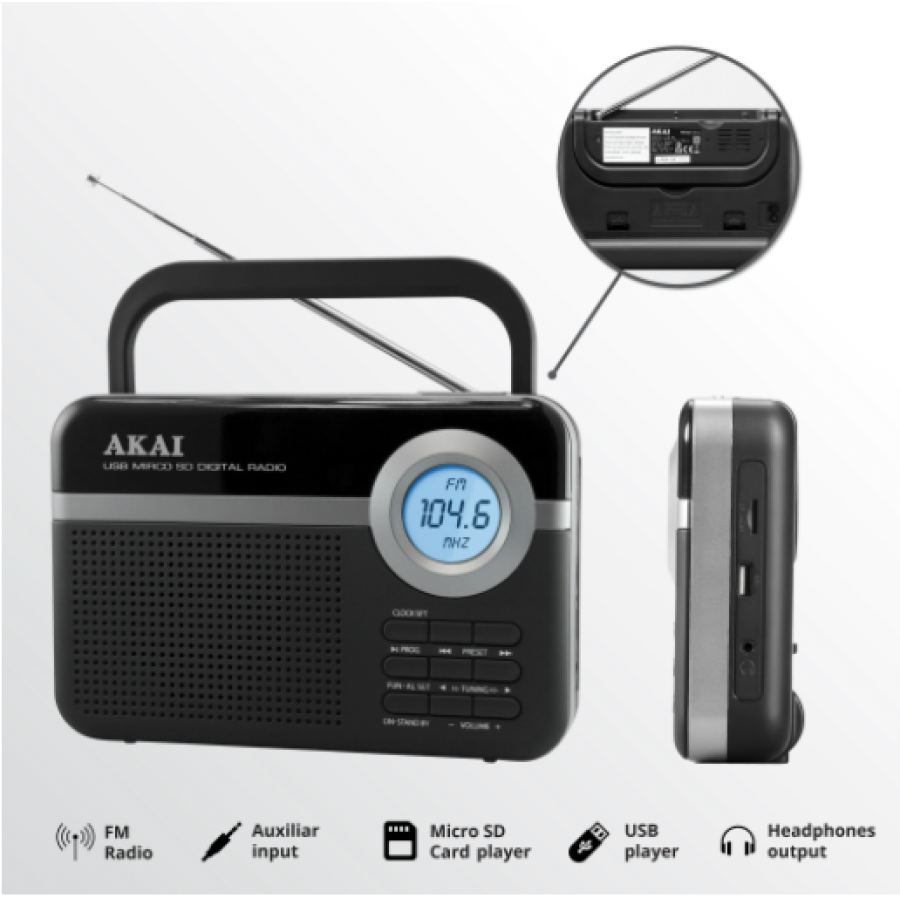 Radio Portabil, Usb, Radio Fm, Fm 87.5 – 108 Mhz, Sd Card, Display Lcd, Putere 0.8w, Ceas, Sleep, Snooze, Alarma, Antena Telescopica, Aux 3.5mm, Negru