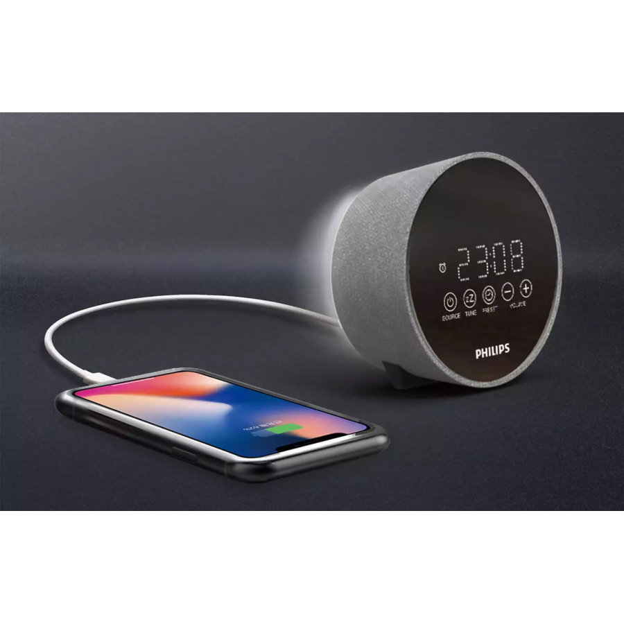 Radio Profesional Philips Cu Ceas, Afisaj Digital, Antena Fm,  87,5 - 108  Mhz, Tuner Digital, Alarma Radio / Buzzer, Control Volum Sus/jos, Argintiu