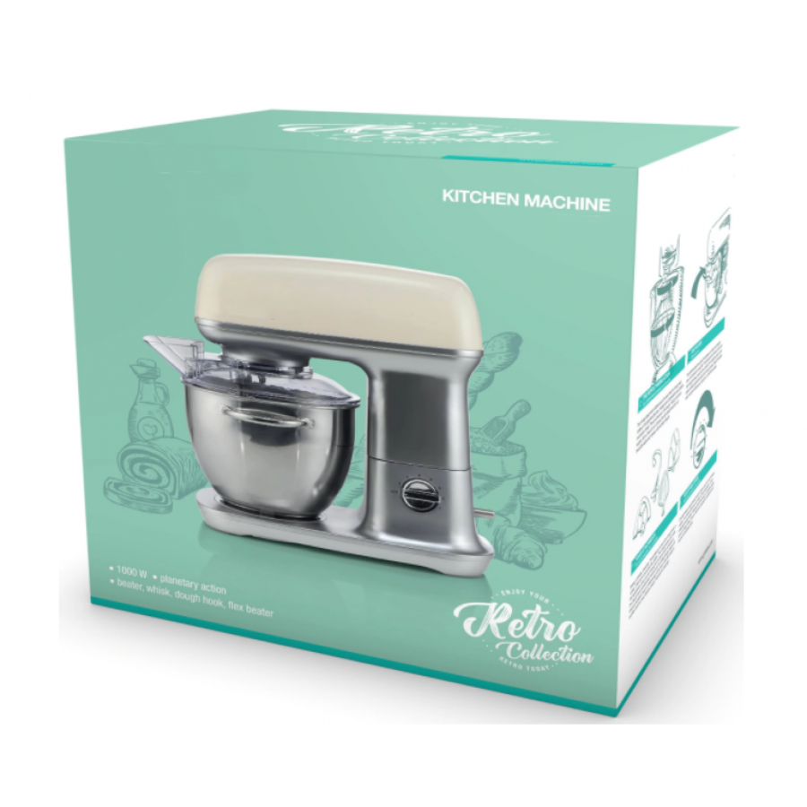 Robot De Bucatarie 1000 W, Bol Din Otel Inoxidabil 4.5 L, 7 Trepte Viteza, Amestecare 3d, Ajustare Automata A Rotatiei, Protectie Supraincalzire, Brat Framantare, Alb