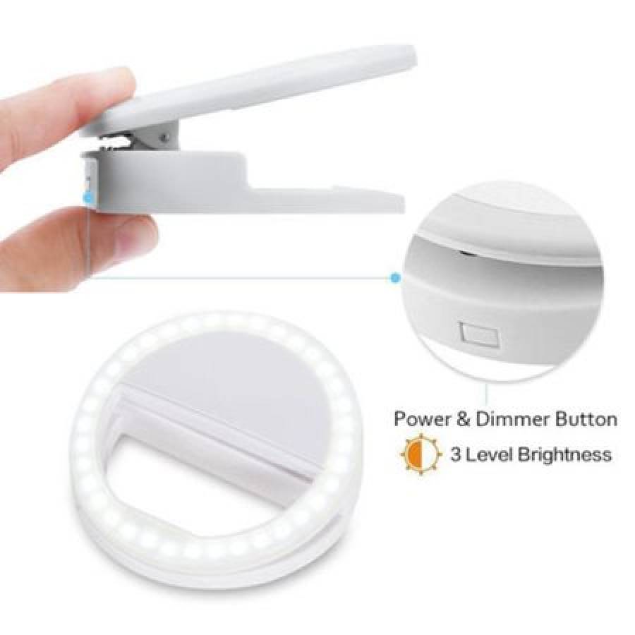 Selfie Ring Light Cu Functia De Incarcare Usb Klausstech , Lumina Portabila Smartphone , 3 Trepte De Intensitate , Design Modern , Culoare Alb