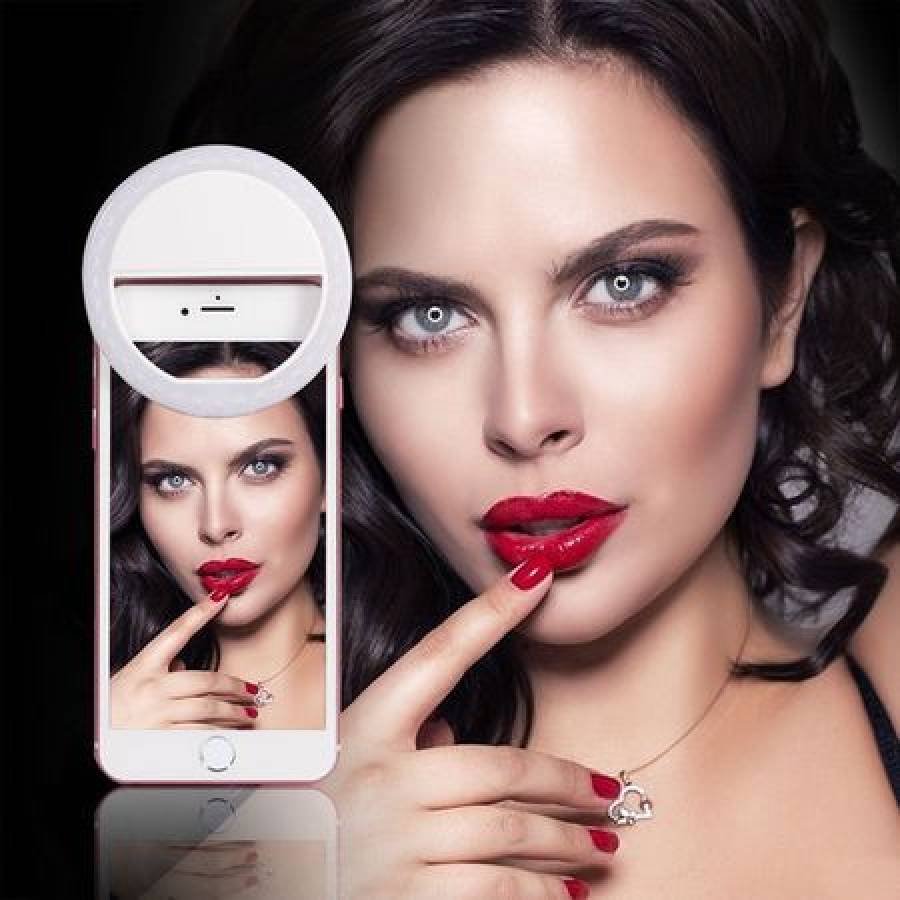 Selfie Ring Light Cu Functia De Incarcare Usb Klausstech , Lumina Portabila Smartphone , 3 Trepte De Intensitate , Design Modern , Culoare Alb